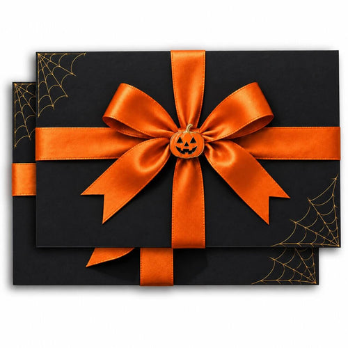 2 more Halloween Canvases gift - two black envelopes with orange ribbons